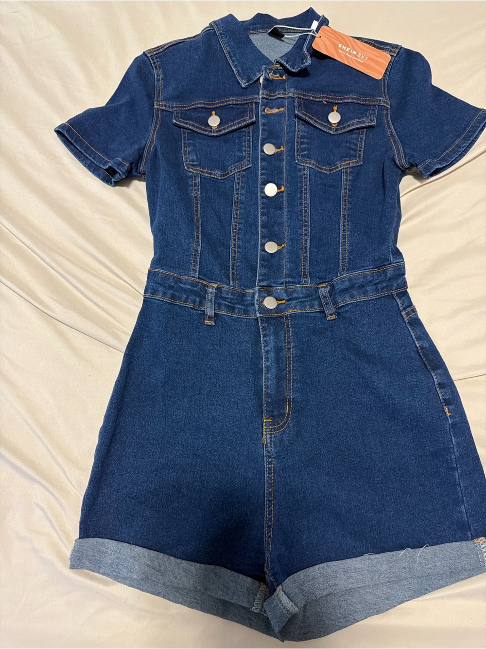 SHEIN Blue Short-Sleeve Denim Romper